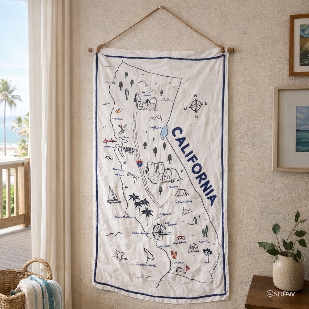 Old Navy California Map Wall Art Hanging‎ Lightweight Decor Blue White State